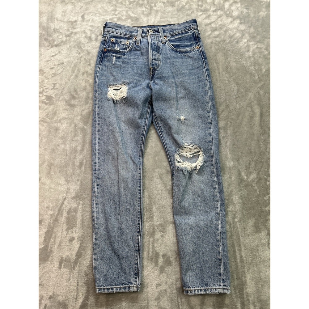 Levi's 501 S Premium Big E Jeans Womens 25x28 Blue Faded Button Fly Distressed